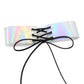 Holographic silver choker with five metal eyelets and black lace-up ties