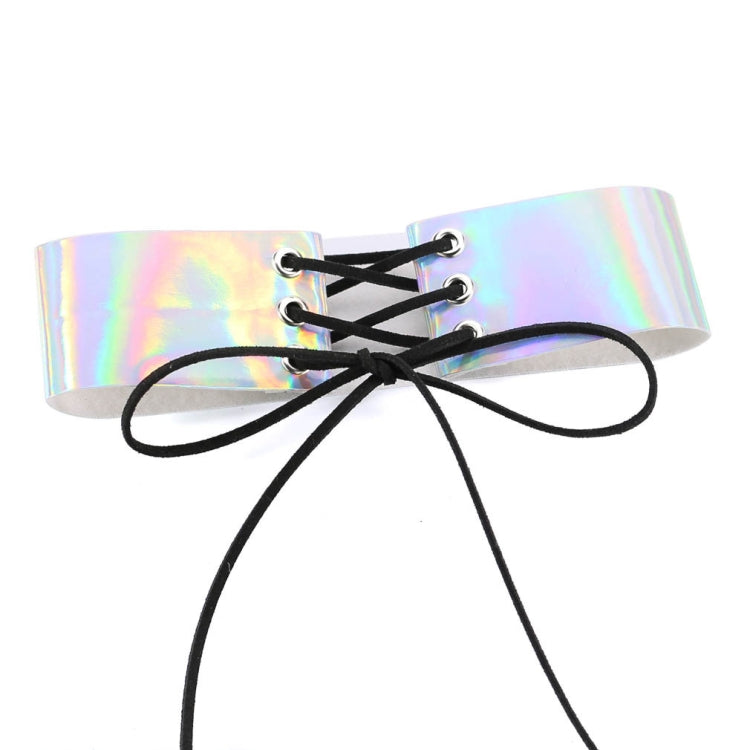 Holographic silver choker with five metal eyelets and black lace-up ties