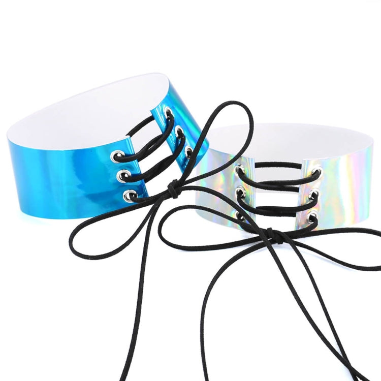 Blue holographic choker with metal eyelets and black lace-up adjustable ties