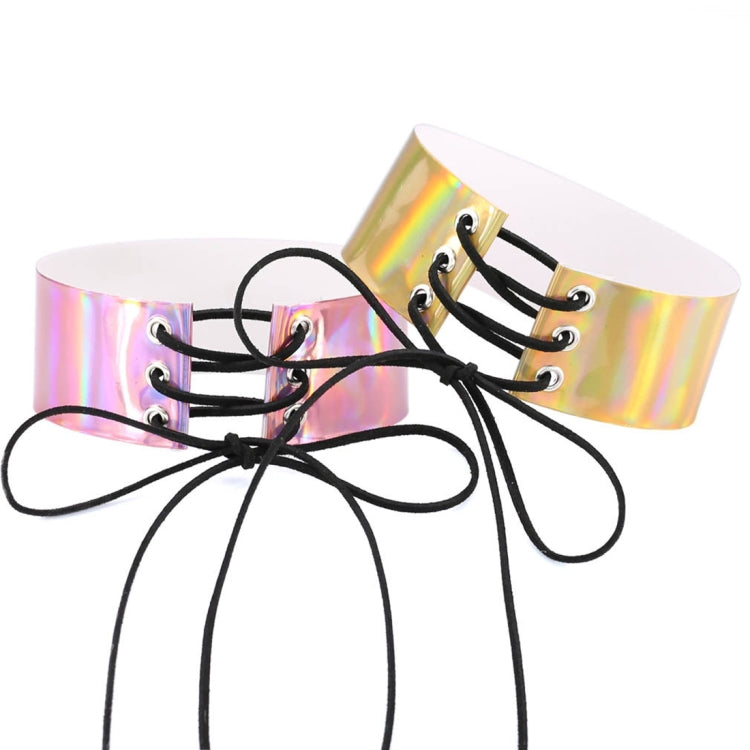 Rainbow holographic choker with metal eyelets and black lace-up cords