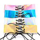 Set of holographic lace-up choker necklaces in blue, pink, and gold