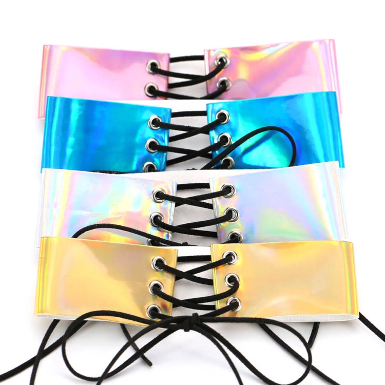 Set of holographic lace-up choker necklaces in blue, pink, and gold