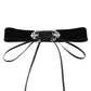 Black velvet choker with silver scroll clasp and multiple dangling ribbon straps
