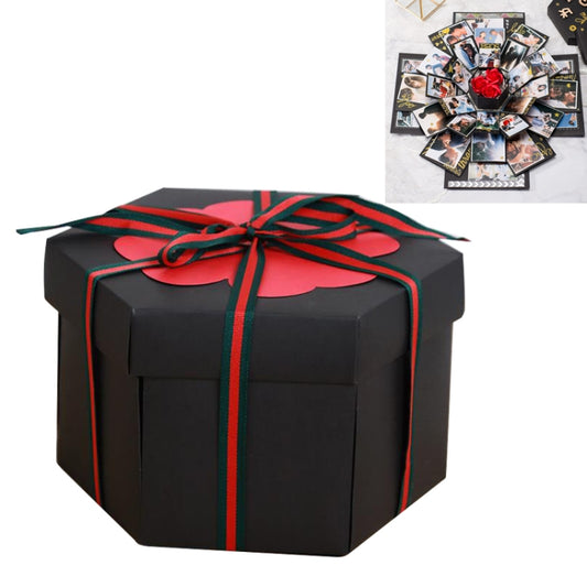 Black DIY photo gift box with red bow and green-striped ribbon