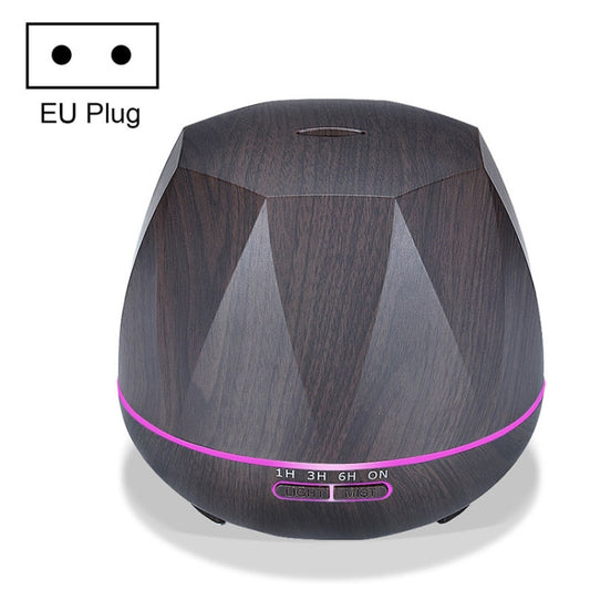 Dark wood grain ultrasonic humidifier with pink LED ring and front control buttons