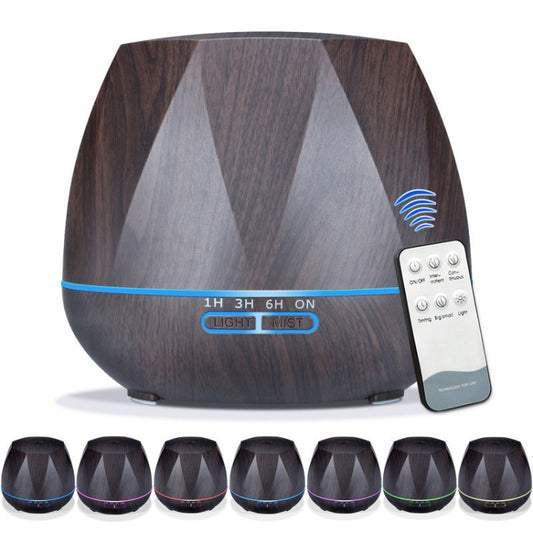 Dark wood ultrasonic humidifier with blue LED ring and wireless remote control.