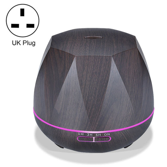 Dark wood grain ultrasonic humidifier with pink LED light ring and mist control panel.
