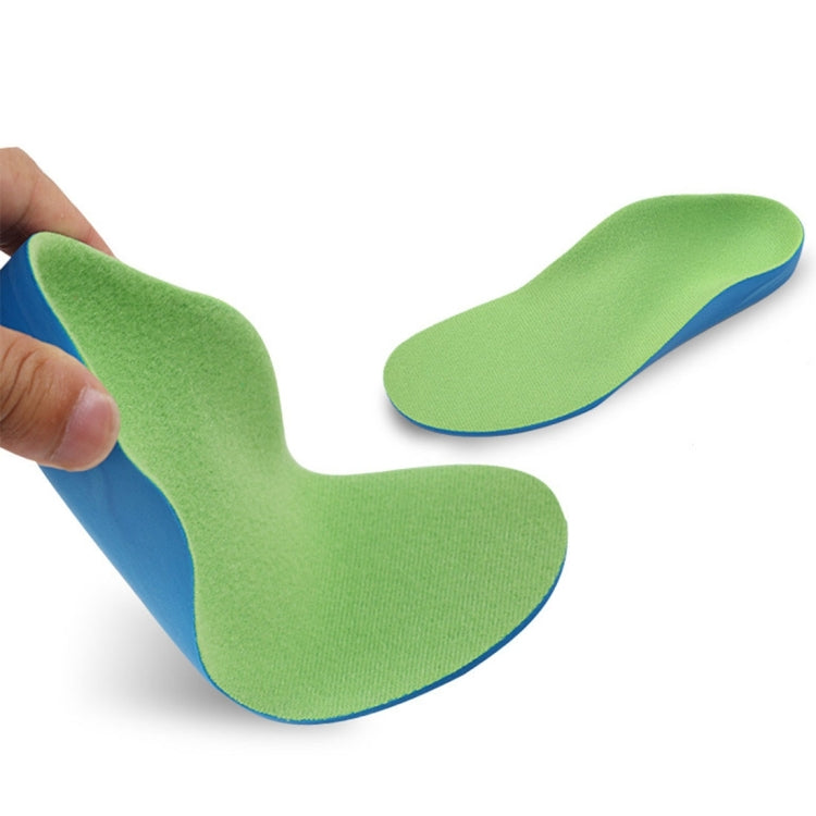 Children corrective insole pair, lime green footbeds with blue sides