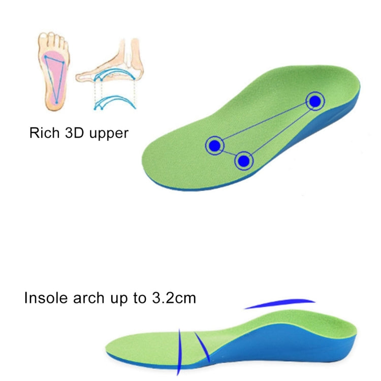 Children corrective insole with arch support zones, lime green top and blue base