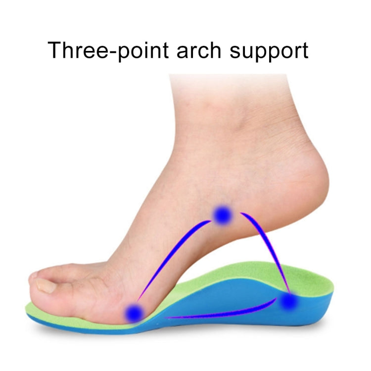 Children corrective insole underfoot with three-point arch support, lime green and blue