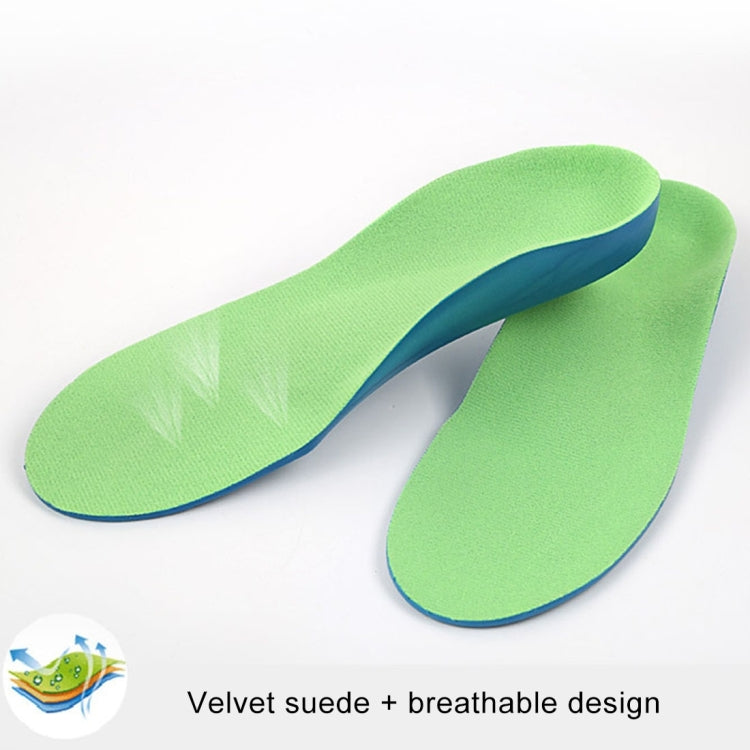 Set of two children corrective insoles, green top with blue base, side by side.