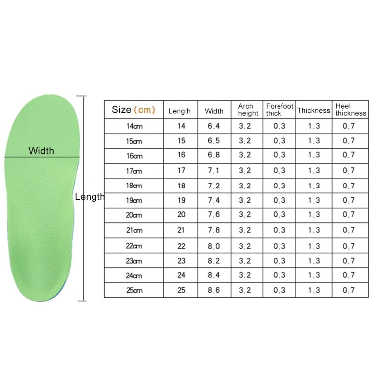 Children corrective insole size chart with width and length measurements for size 22cm.