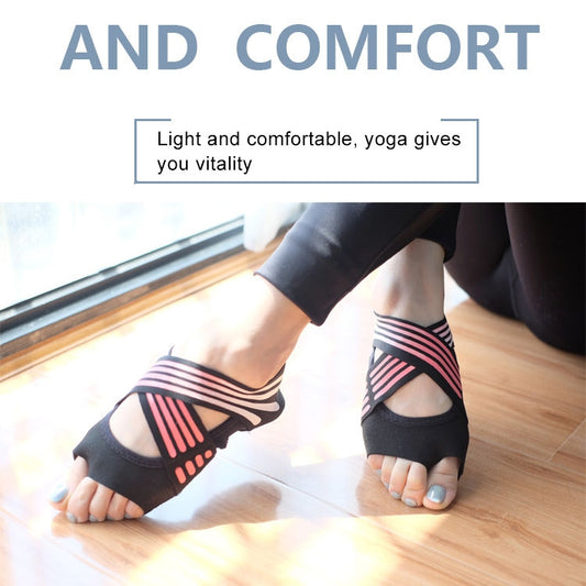 Pink-striped toeless yoga socks worn on a yoga pose, black anti-slip silicone soles