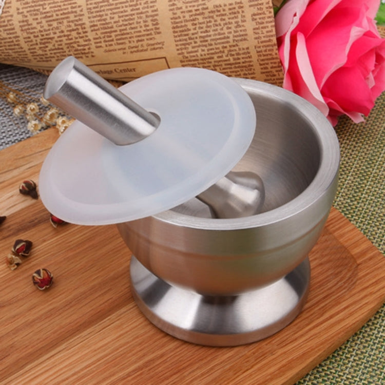 Stainless steel mortar with pestle; translucent cover lifted