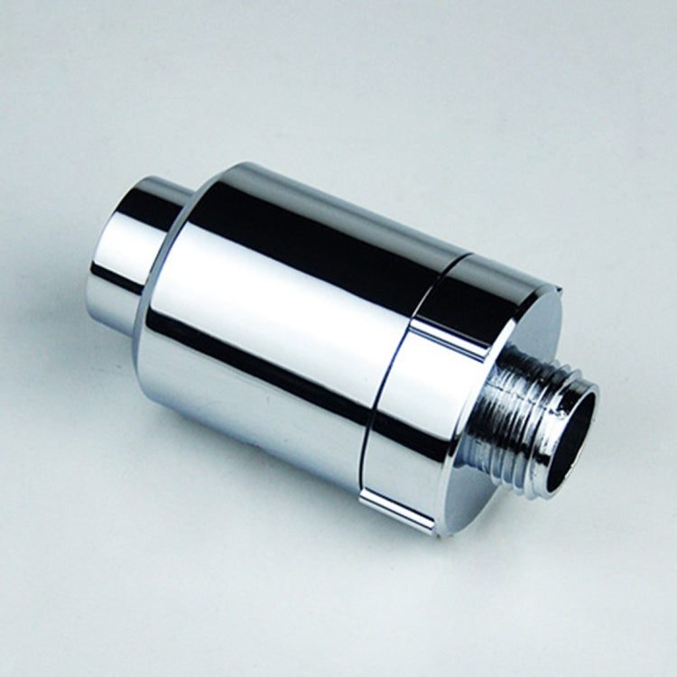 Chrome shower filter cartridge with threaded outlet end, side view