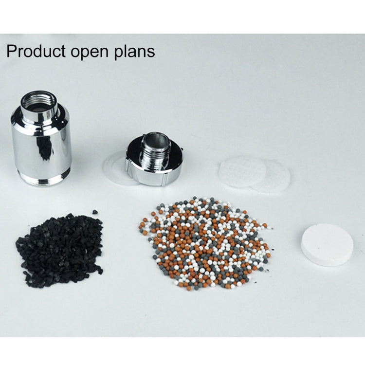 Chrome shower filter components and cartridge parts with black and white media