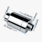Chrome shower filter cartridge with visible measurement dimensions and threaded end
