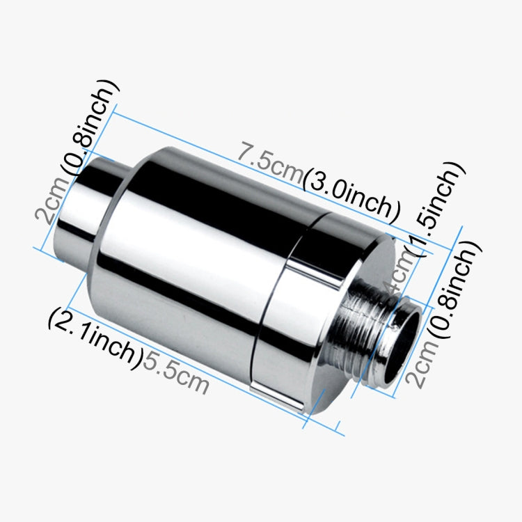 Chrome shower filter cartridge with visible measurement dimensions and threaded end