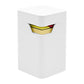 White desk storage box with open front slot holding colorful sticky tabs