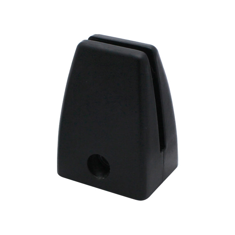 Black desk screen clamp baffle, angled view showing side slot and mounting hole