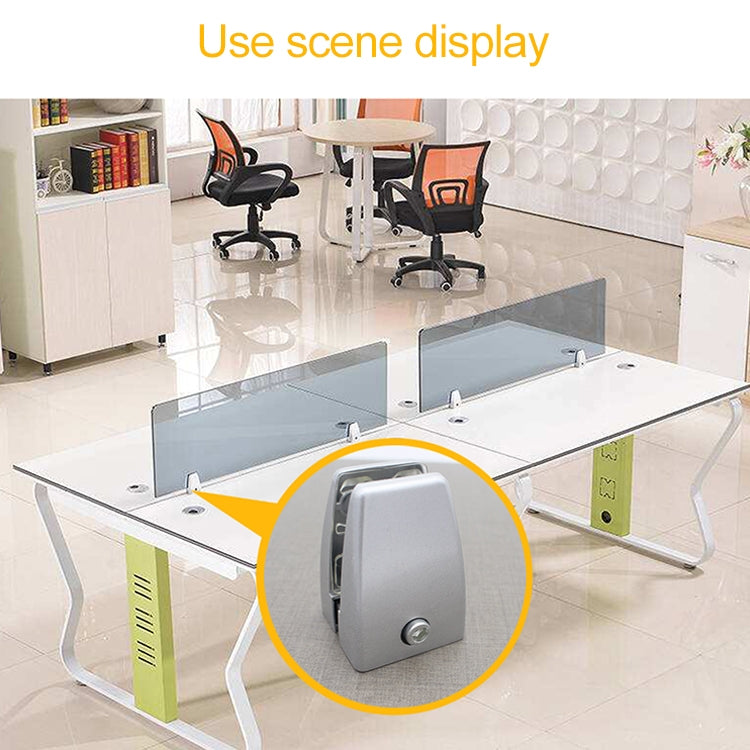 Desk screen clamp baffle securing a partition, gray clamp with metal mounting plate