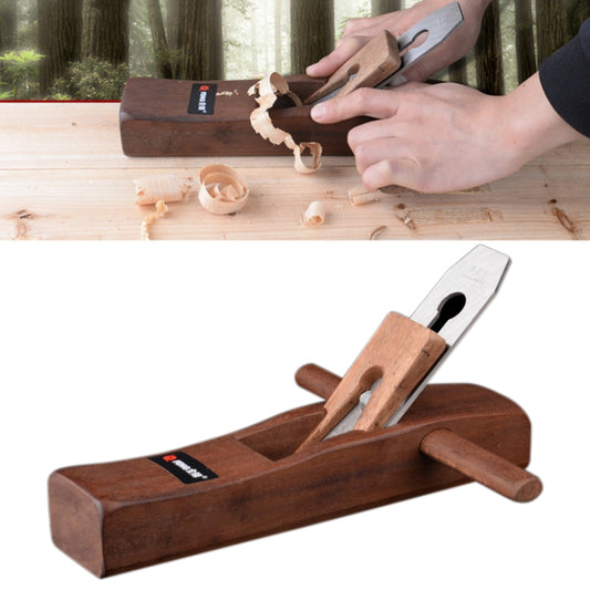 Handheld manual wood planer with wooden body, steel blade, and copper inlay