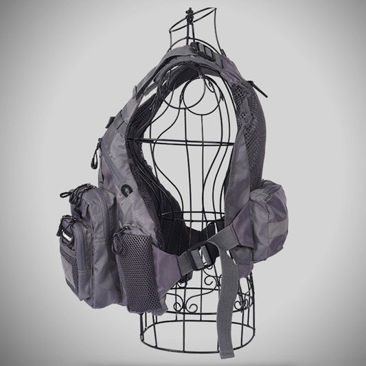Grey fishing life vest with mesh side panels, secured straps, and front zipper opening