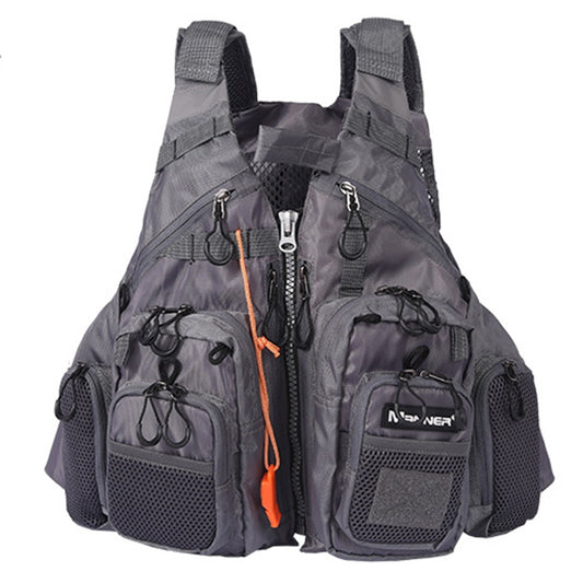 Grey fishing life vest with front mesh panels, multiple zip pockets, orange accents, straps