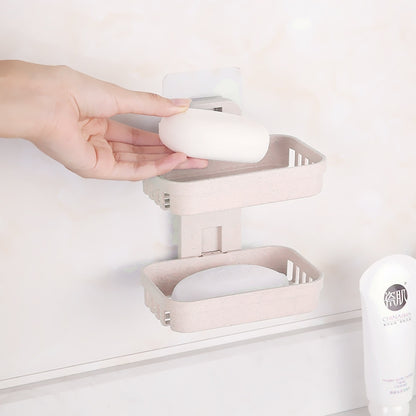 Beige double-deck wall-mounted soap holder with drain slots and gridded trays