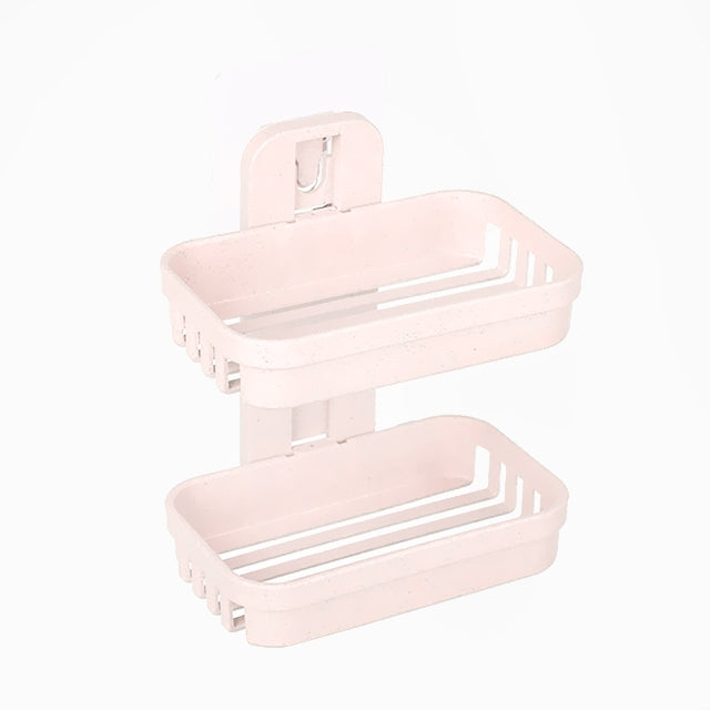 Beige double-deck wall soap shelf with two slotted trays and mounting bracket