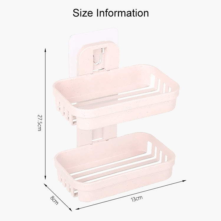 Beige double-deck wall-mounted soap holder with dimension diagram and mounting view