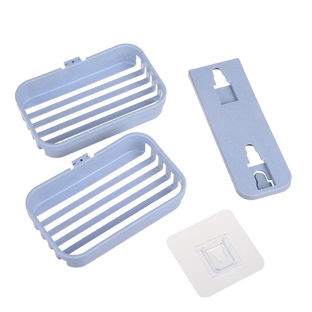 Blue double-deck wall-mounted soap holder set with mounting plates and two trays