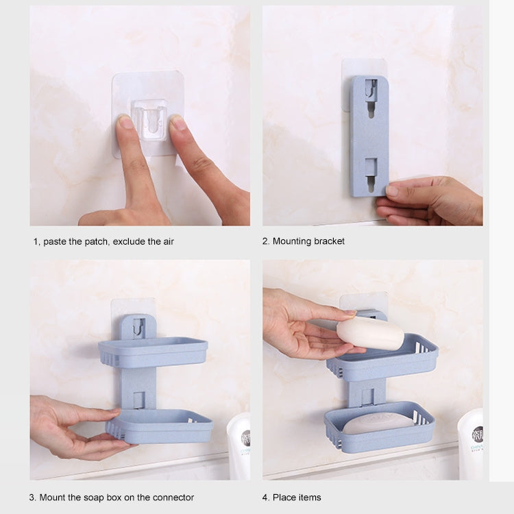 Blue double-deck wall-mounted soap holder installation, hands mounting the bracket