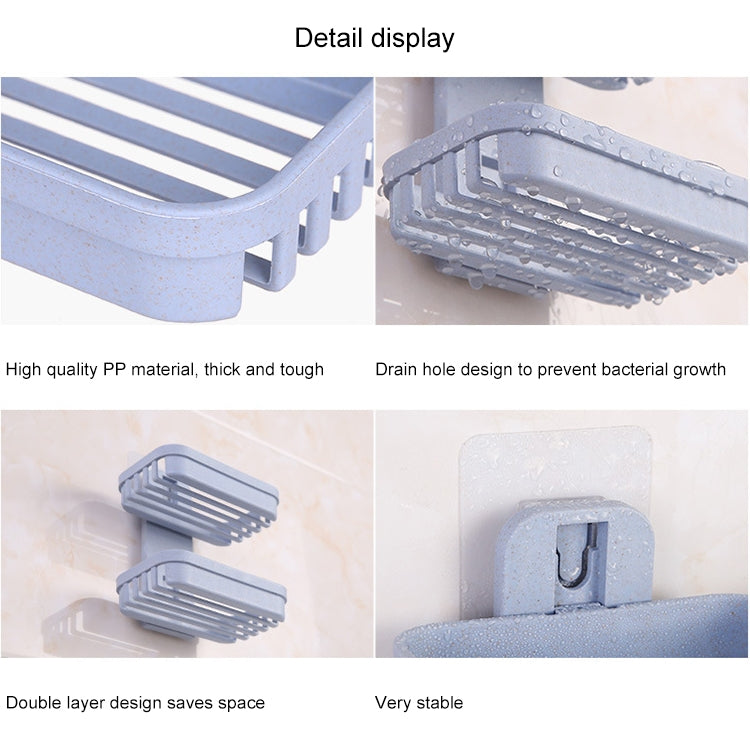 Blue double-deck PP soap holder detail with drain-hole design and slotted trays