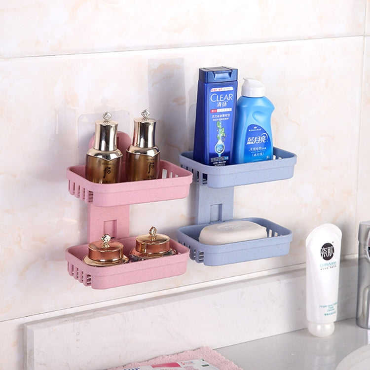 Wall-mounted double-deck soap holder organizer with pink and blue slotted trays
