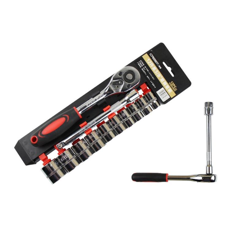 12-in-1 3/8-inch ratchet wrench set with red/black handle and 12 chrome sockets