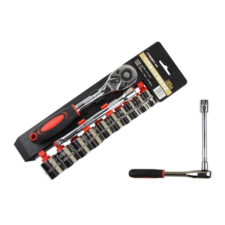 3/8-inch drive ratchet wrench set with socket organizer tray and chrome ratchet tool