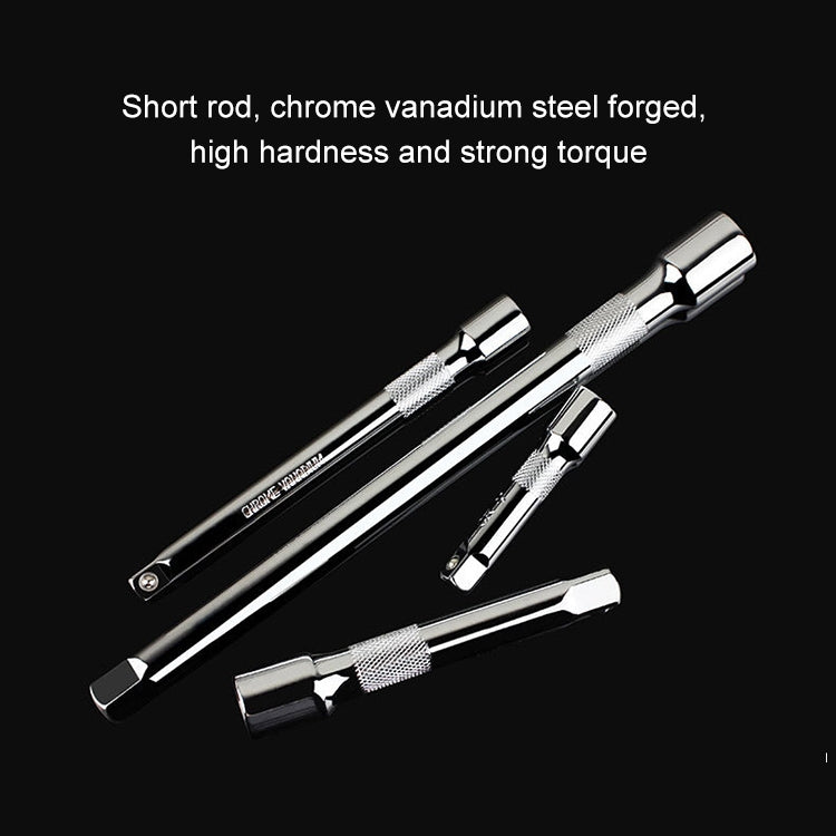 Chrome short-rod ratchet wrench with extension and socket adapter pieces