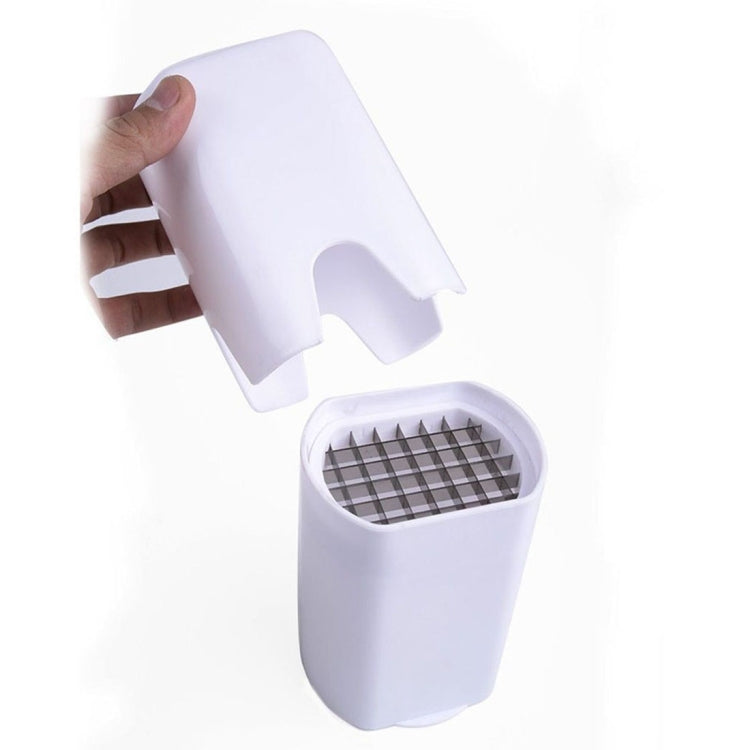 Multi-function potato slicer Q-314 in hand, white container with grey slicing grid