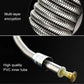 Stainless steel shower hose close-up with inner tube connector and yellow core insert