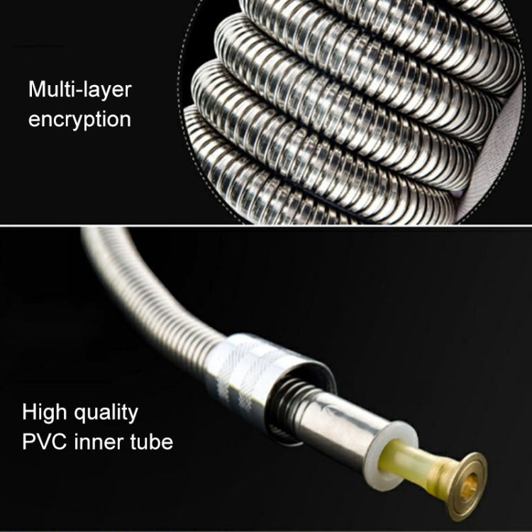 Stainless steel shower hose close-up with inner tube connector and yellow core insert