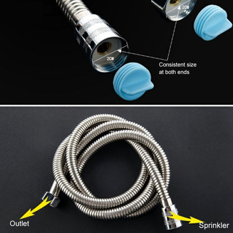 Stainless steel shower hose with blue end caps and consistent connector size
