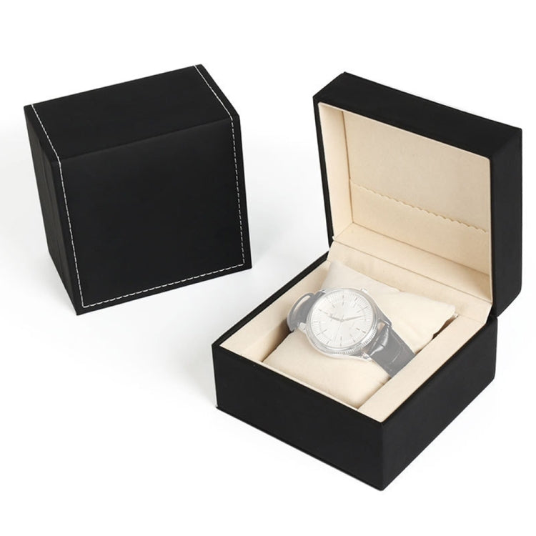 Black PU wrist watch storage box, L size, open with watch in beige lined compartment