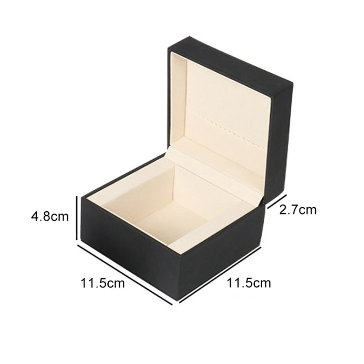 Open black PU watch storage box with beige interior, L size with size dimensions shown