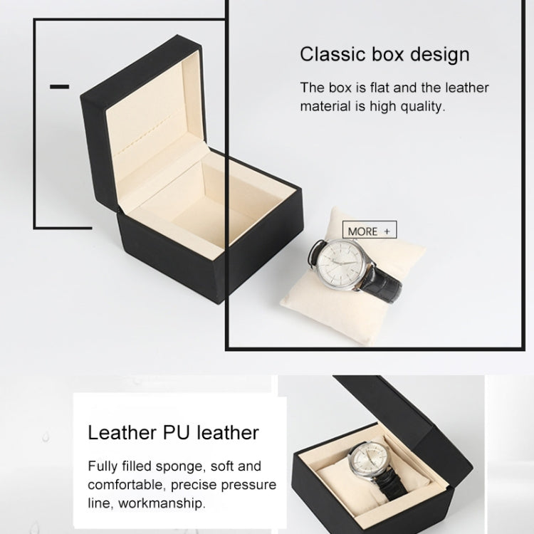 Black PU watch storage box with beige lining, open with wristwatch resting inside