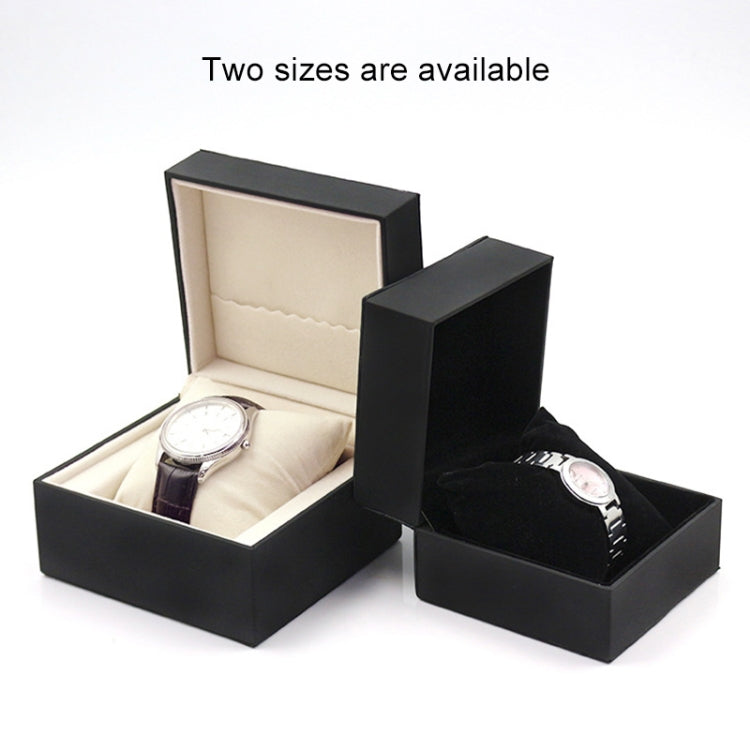 Two black PU watch storage boxes, L size shown open and closed with watches inside