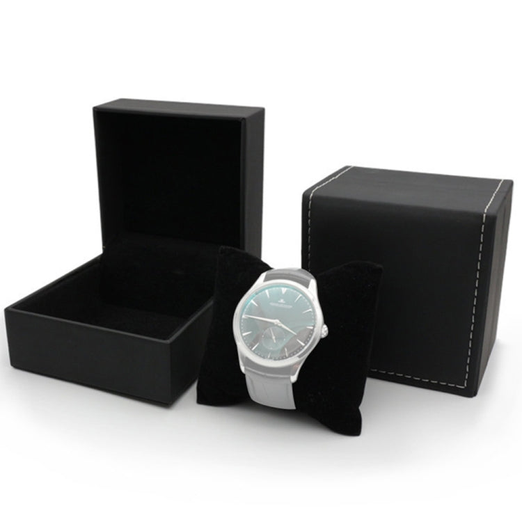 PU wrist watch storage box with black hinged lid and padded inner cradle