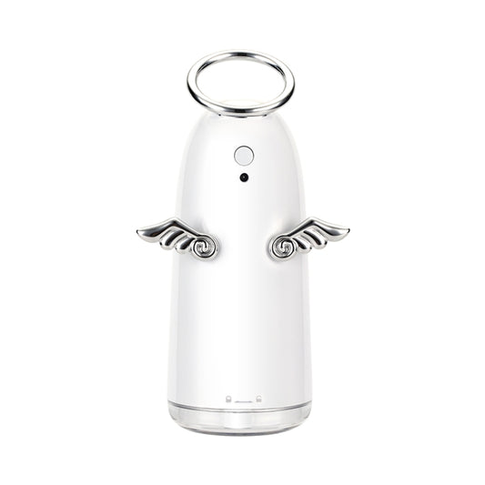 White mini angel humidifier with silver ring handle, side wing accents, power indicator