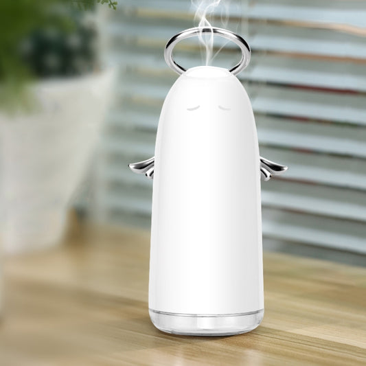 White mini angel humidifier with silver loop handle and compact base