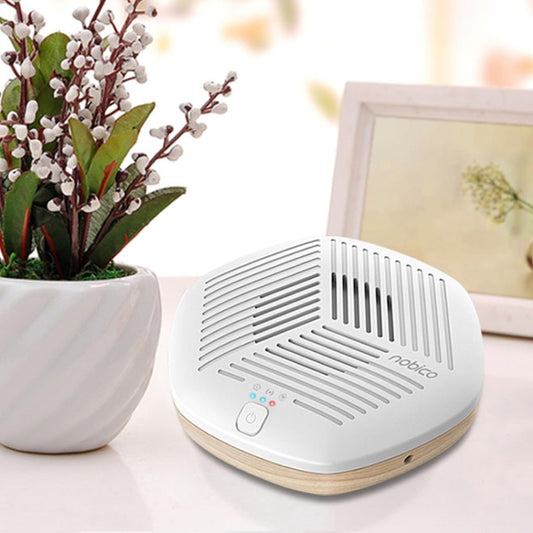 Portable air purifier, white top and wood base, with front vent grille and control lights